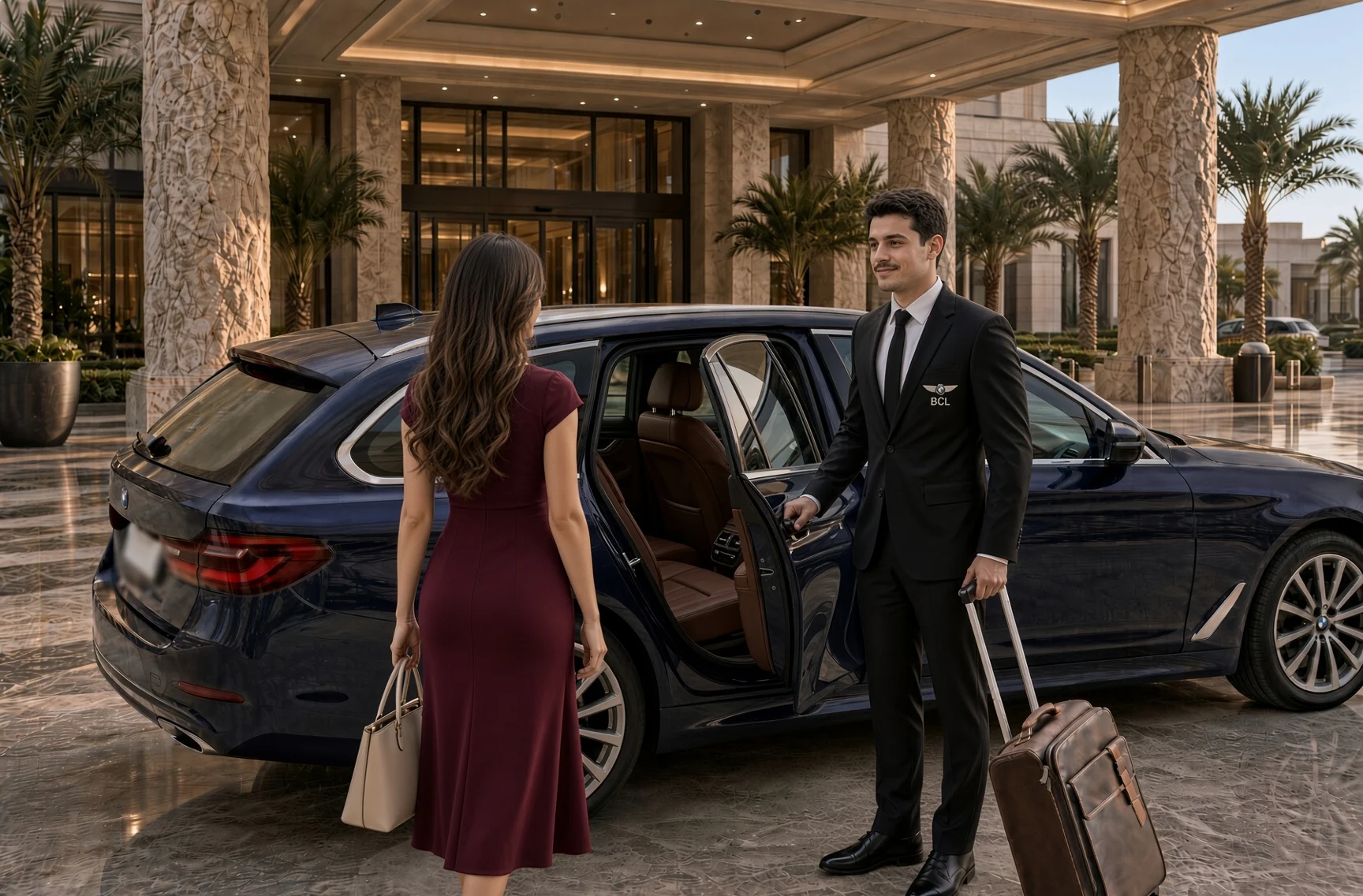 A BCL chauffeur welcoming a guest at a hotel entrance in Abu Dhabi