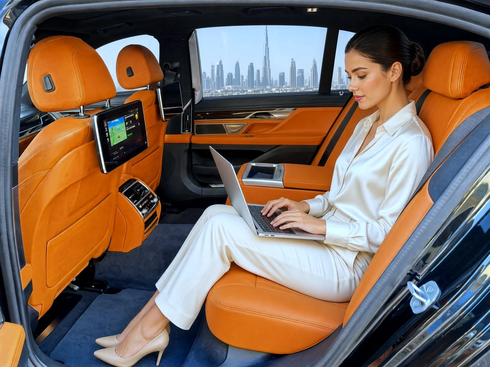 A guest working from the rear cabin of a BMW 7 Series