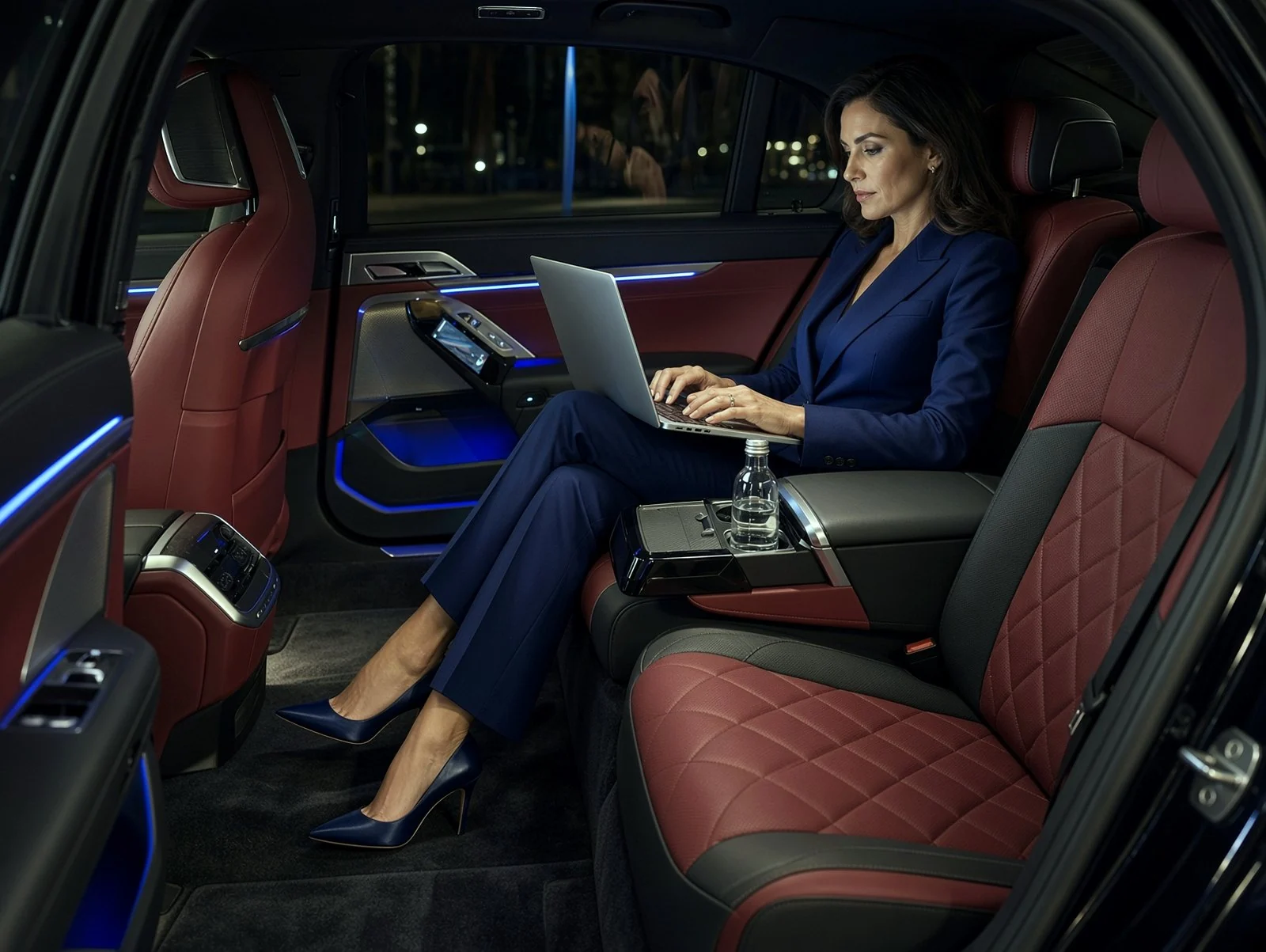 Rear cabin of a BMW 7 Series at night